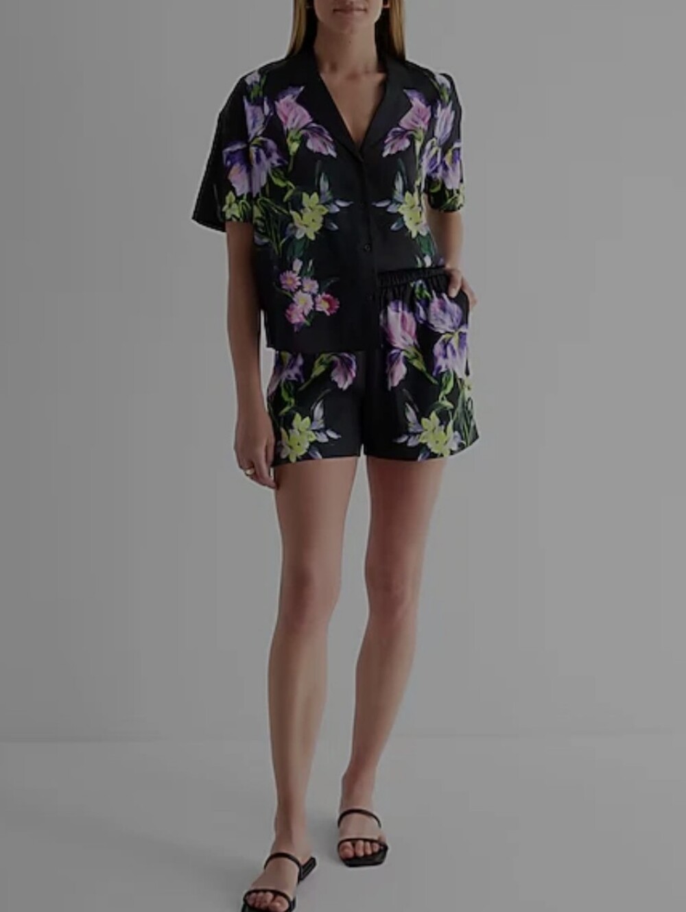Express Black Short Floral Shirt And Shorts Set with Purple & Lime Green Flowers
